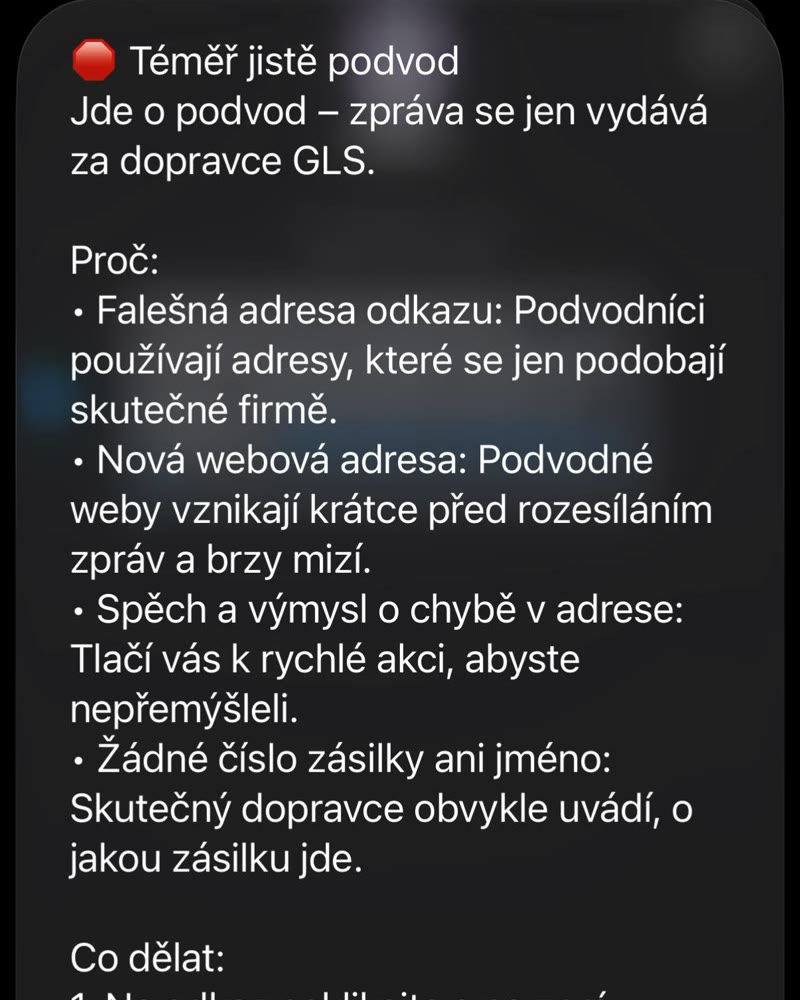 Nenaleť's answer in Czech: almost certainly a scam, the message only pretends to be from GLS, followed by the reasons
