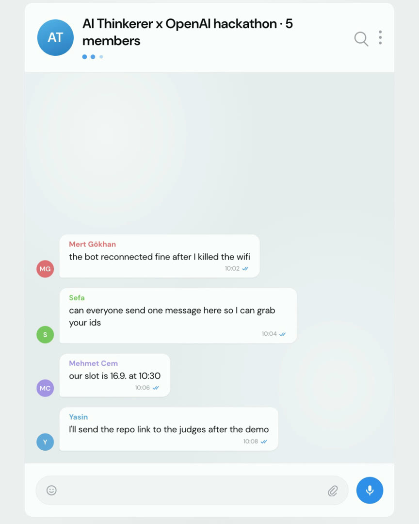 The hackathon team's Telegram group; Yasin writes that he will send the repo link to the judges after the demo